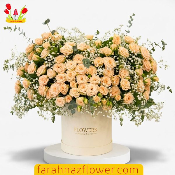 خرید آنلاین باکس گل سفارشی رز مینیاتور و ژیپسوفیلا در مشهد کد A018 | گل فرحناز