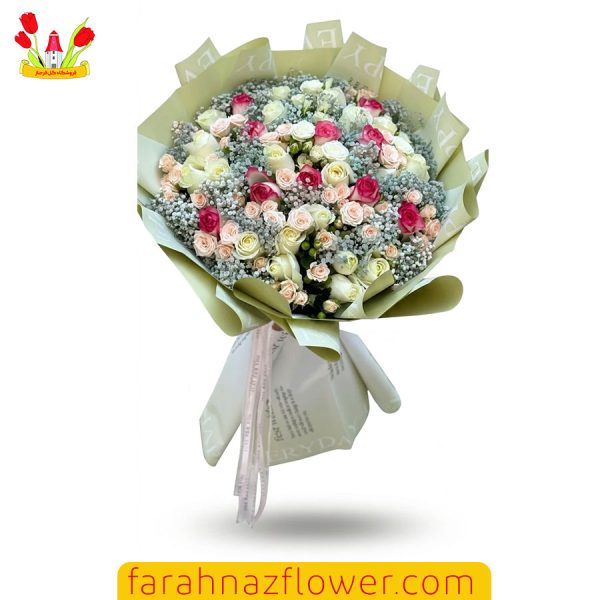 دسته گل لوکس رز سفید و مینیاتور کد L005 گل فرحناز