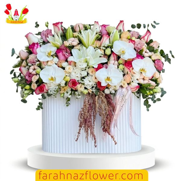 سفارش آنلاین باکس خواستگاری رز و لیلیوم زیبا در مشهد کد K023 گل فرحناز