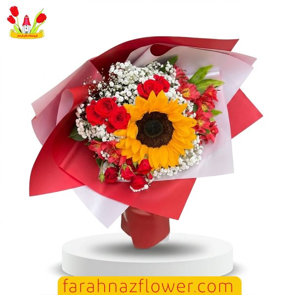 دسته گل آماده رز مینیاتور و گل آفتاب گردان کد A014 گل فرحناز