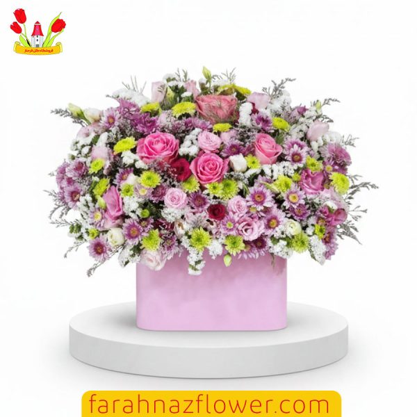 سفارش آنلاین باکس گل افتتاحیه میخک، رز و داوودی کد K029 گل فرحناز