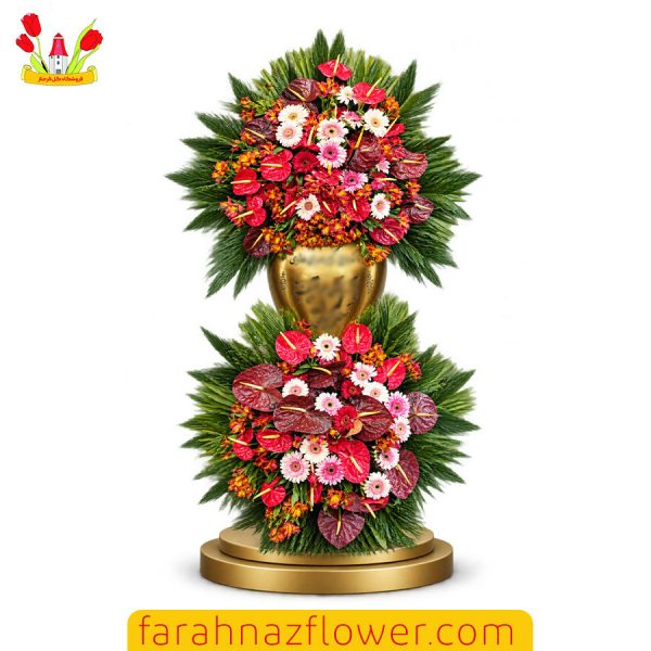 تاج گل 2 طبقه افتتاحیه آنتوریوم و ژرورا کد K040 گل فرحناز