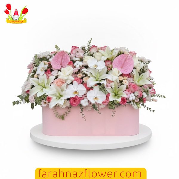 سفارش آنلاین باکس گل خواستگاری لیلیوم، آنتوریوم و رز کد K035 | گل فرحناز